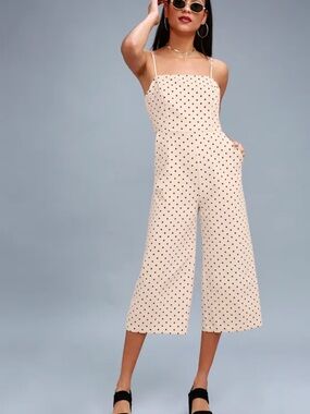 Lulu’s San Clemente Black and Cream Polka Dot Culotte Jumpsuit Small